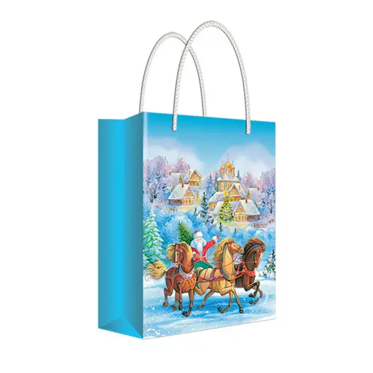 Пакет подарочный новогодний 11*13,5*6см Русский дизайн &quot;Дед Мороз на санях с лошадьми&quot;, ламинир., фото 1