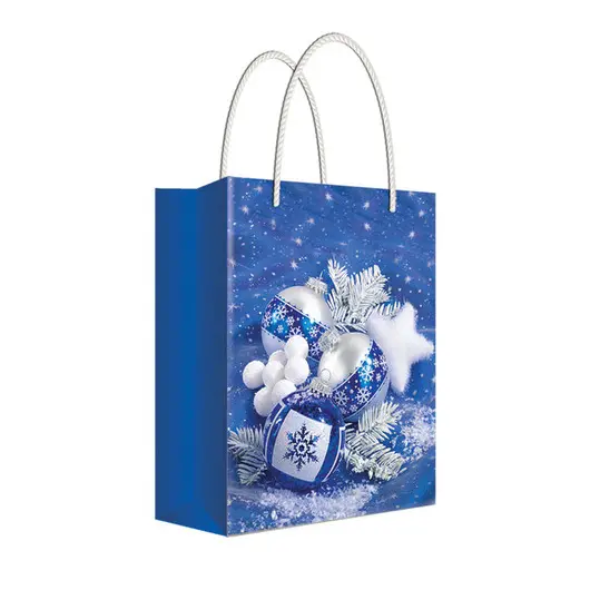 Пакет подарочный новогодний 26*32,7*13,6см Русский дизайн &quot;Елочные украшения в синем цвете&quot;, ламин., фото 1