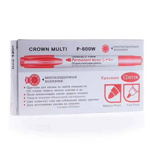 Маркер перманентный двухсторонний Crown &quot;Multi Marker Twin&quot; красный, пулевидный, 2мм/1мм, фото 4