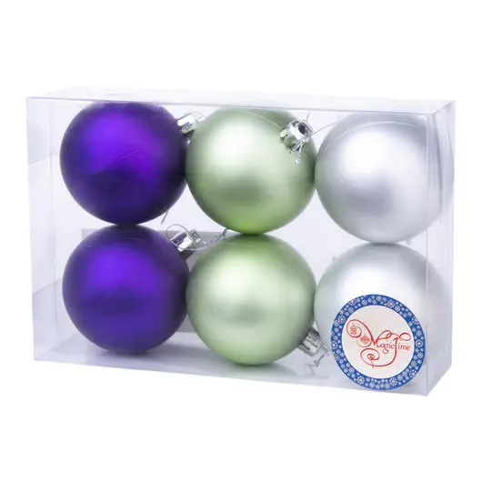 Набор пластиковых шаров 6шт, 60мм, фиолетовый/зеленый /серебряный, пластиковая упаковка, фото 1