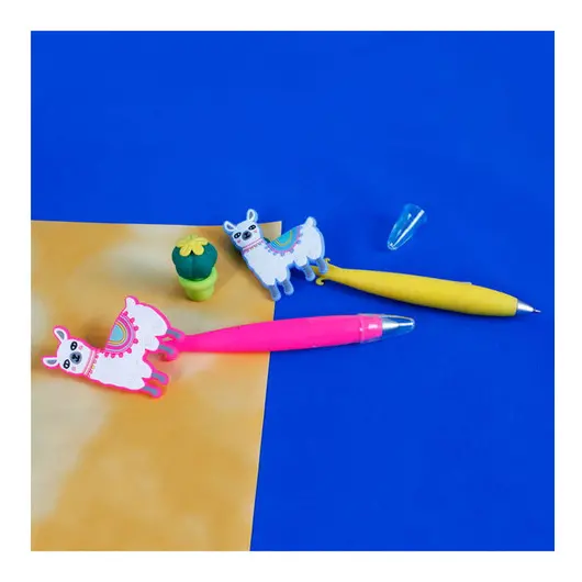 Ручка шариковая с большим топпером &quot;Лама и кактус&quot;, синяя, лама, ассорти, прорезиненный корпус, фото 2