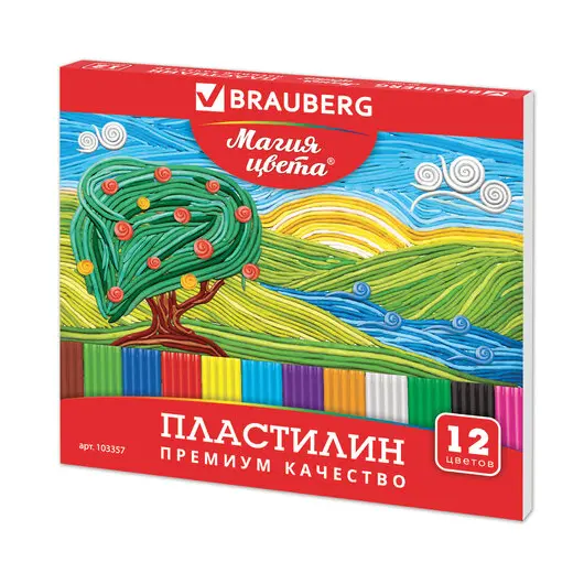 Пластилин классический BRAUBERG, 12 цветов, 240 г, со стеком, высшее качество, картонная упаковка, 103357, фото 1