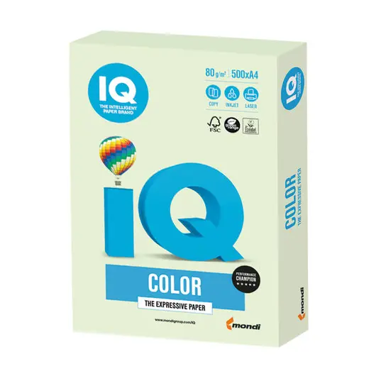 Бумага IQ color, А4, 80 г/м2, 500 л., пастель, светло-зеленая, GN27, фото 1