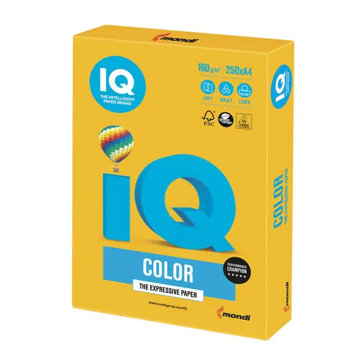 Бумага IQ color, А4, 160 г/м2, 250 л., интенсив, солнечно-желтая, SY40, фото 1