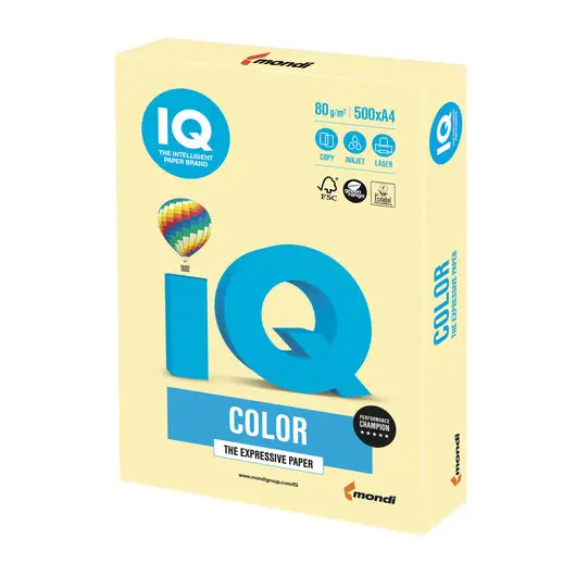 Бумага IQ color, А4, 80 г/м2, 500 л., пастель, желтая, YE23, фото 1