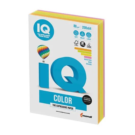 Бумага IQ color, А4, 80 г/м2, 200 л., (4 цв. x 50 л.), цветная, неон, RB04, фото 1