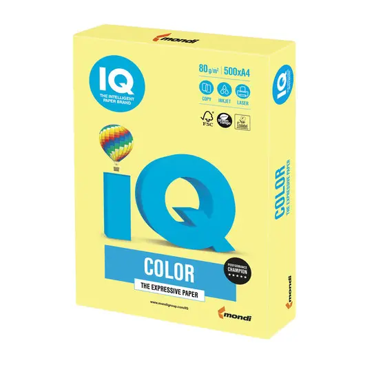 Бумага IQ color, А4, 80 г/м2, 500 л., умеренно-интенсив, лимонно-желтая, ZG34, фото 1