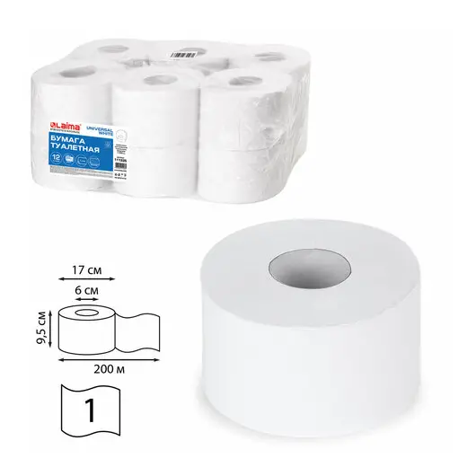 Бумага туалетная 200 м, LAIMA (Т2), &quot;UNIVERSAL WHITE&quot;, 1-слойная, цвет белый, КОМПЛЕКТ 12 рулонов, 111335, фото 1