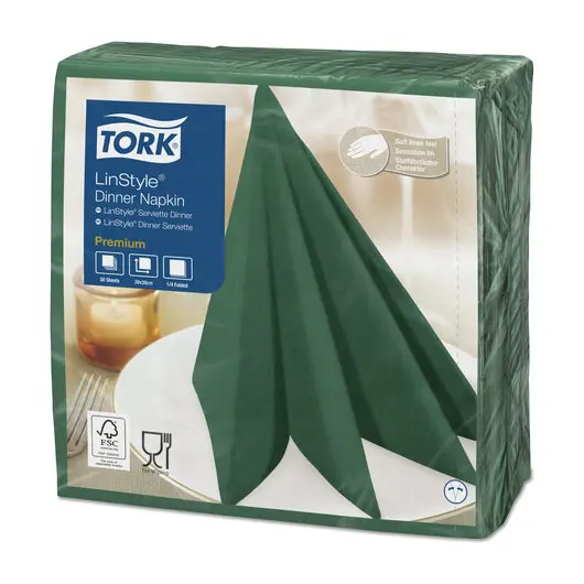 Салфетки бумажные нетканые сервировочные TORK &quot;LinStyle Premium&quot;, 39х39 см, 50 шт., темно-зеленые, 478847, фото 1