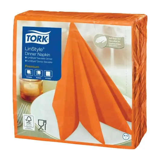 Салфетки бумажные нетканые сервировочные TORK LinStyle Premium, 39х39 см, 50 шт., оранжевые, 478851, фото 1