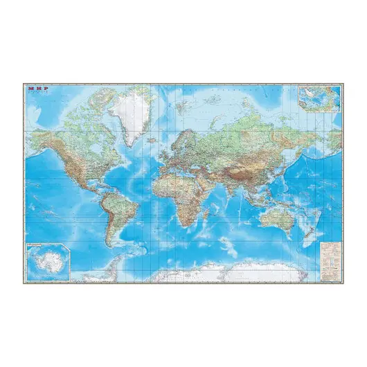 Карта настенная &quot;Мир. Обзорная карта. Физическая с границами&quot;, М-1:15 млн., разм. 192х140 см, ламинированная, тубус, 293, фото 1