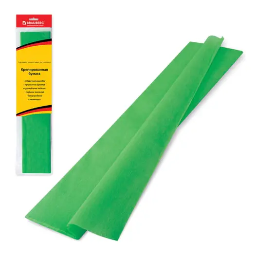 Цветная бумага крепированная BRAUBERG, стандарт, растяжение до 65%, 25 г/м2, европодвес, зеленая, 50х200 см, 124731, фото 1