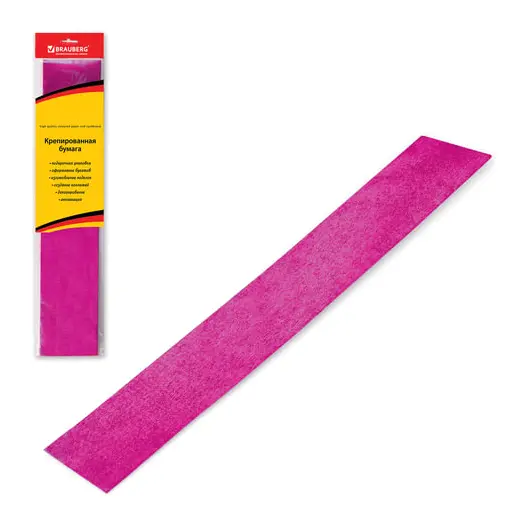 Цветная бумага крепированная BRAUBERG, металлик, растяжение до 35%, 50 г/м2, европодвес, розовая, 50х100 см, 124741, фото 1