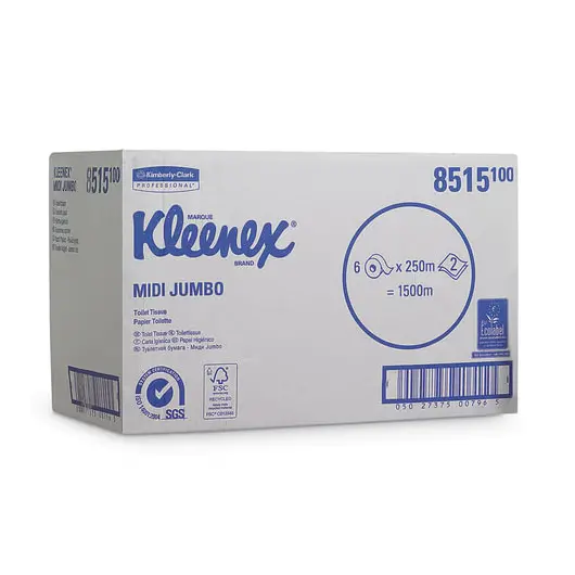Бумага туалетная 250 м, KIMBERLY-CLARK Kleenex, КОМПЛЕКТ 6 шт., Миди Jumbo, 2-х слойная, белая, (диспенсер 601543), 8515, фото 2