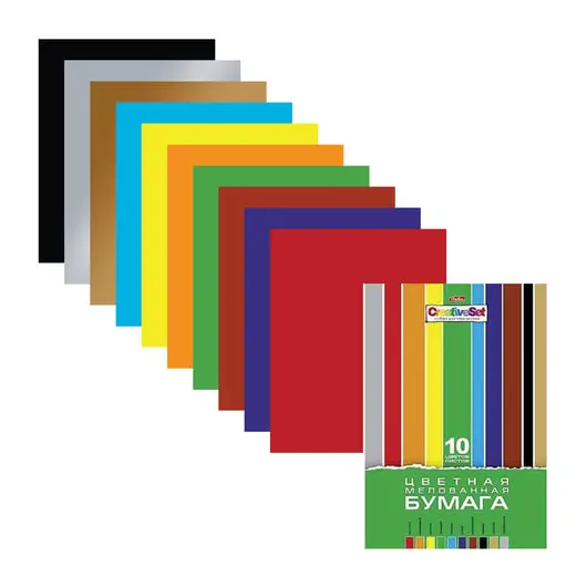 Цветная бумага А4 мелованная, 10 листов 10 цветов, в папке, HATBER &quot;Creative&quot;, 195х280 мм, 10Бц4м 05930, N050842, фото 1