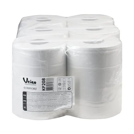 Полотенца бумажные с центральной вытяжкой VEIRO (Система M2), КОМПЛЕКТ 6 шт., Comfort, 100 м, 2-слойные, белые, KP208, фото 2