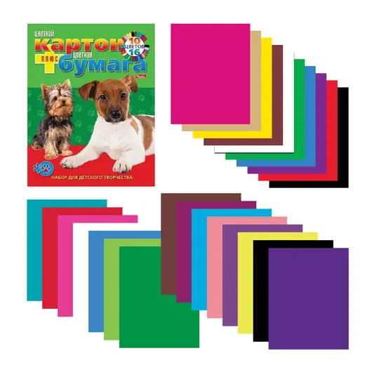 Набор цветного картона и бумаги А4 немелованные, 16 + 10 цветов склейка HATBER VK, 195х275 мм, Щенки, 26НКБ4к 05284, N133835, фото 1