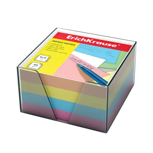 Блок для записей ERICH KRAUSE в подставке прозрачной, куб, 9х9х5 см, цветной, 5141, фото 1