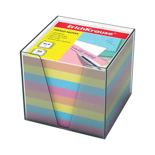 Блок для записей ERICH KRAUSE в подставке прозрачной, куб 9х9х9 см, цветной, 5142, фото 1