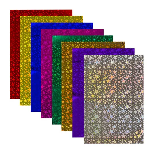 Цветная бумага А4 ГОЛОГРАФИЧЕСКАЯ, 8 листов 8 цветов, 80 г/м2, &quot;ЗВЕЗДЫ&quot;, ОСТРОВ СОКРОВИЩ, 129888, фото 2
