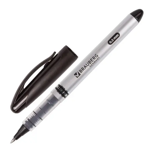 Ручка-роллер BRAUBERG &quot;Control&quot;, ЧЕРНАЯ, корпус серебристый, узел 0,5 мм, линия письма 0,3 мм, 141553, фото 1