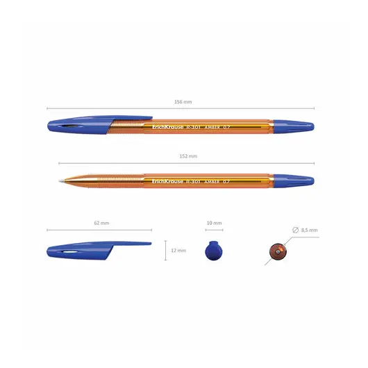 Ручка шариковая ERICH KRAUSE &quot;R-301 Amber&quot;, СИНЯЯ, корпус тонированный оранжевый, узел 0,7 мм, линия письма 0,35 мм, 31058, фото 6