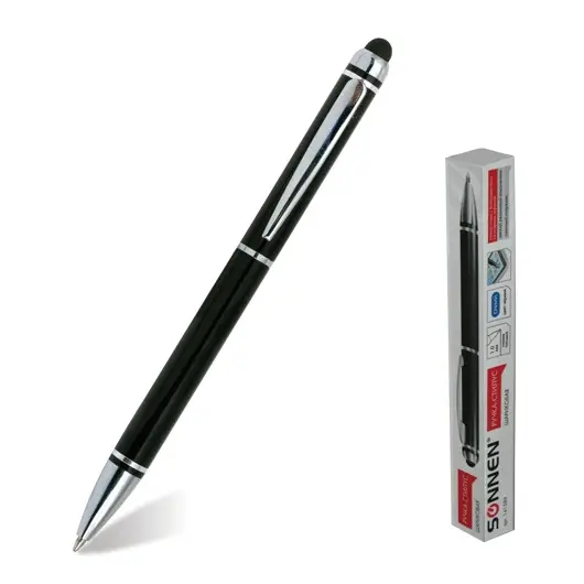 Ручка-стилус SONNEN для смартфонов/планшетов, СИНЯЯ, корпус черный, серебристые детали, линия письма 1 мм, 141589, фото 1