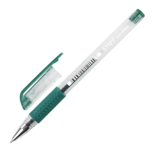 Ручка гелевая с грипом STAFF, ЗЕЛЕНАЯ, корпус прозрачный, узел 0,5 мм, линия письма 0,35 мм, 141825, фото 1