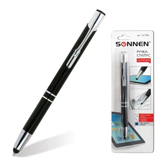 Ручка-стилус SONNEN для смартфонов/планшетов, СИНЯЯ, корпус черный, серебристые детали, линия письма 1 мм, 141588, фото 1