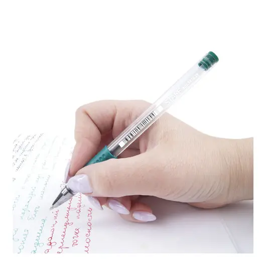 Ручка гелевая с грипом STAFF, ЗЕЛЕНАЯ, корпус прозрачный, узел 0,5 мм, линия письма 0,35 мм, 141825, фото 8