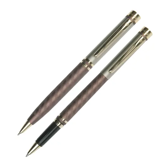 Набор PIERRE CARDIN (Пьер Карден) шариковая ручка и ручка-роллер, корпус коричневый, латунь, PC0824BP/RP, синий, фото 1