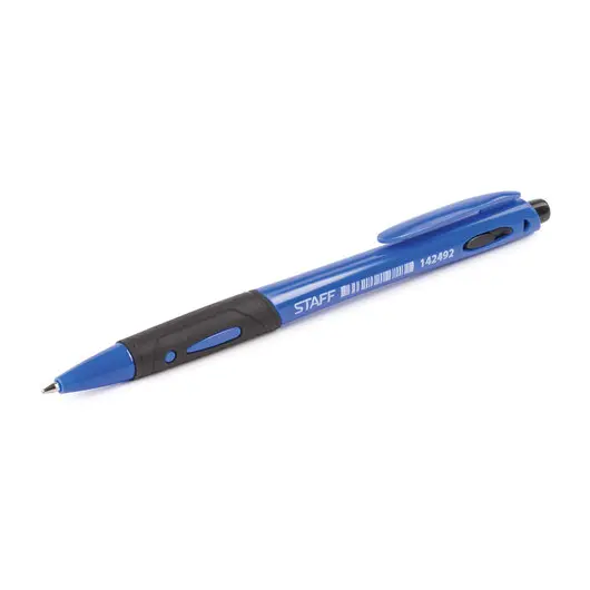 Ручка шариковая автоматическая с грипом STAFF, СИНЯЯ, корпус синий, узел 0,7 мм, линия письма 0,35 мм, 142492, фото 5