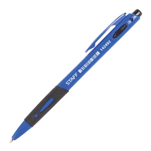 Ручка шариковая автоматическая с грипом STAFF, СИНЯЯ, корпус синий, узел 0,7 мм, линия письма 0,35 мм, 142492, фото 1