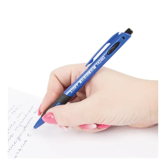 Ручка шариковая автоматическая с грипом STAFF, СИНЯЯ, корпус синий, узел 0,7 мм, линия письма 0,35 мм, 142492, фото 7