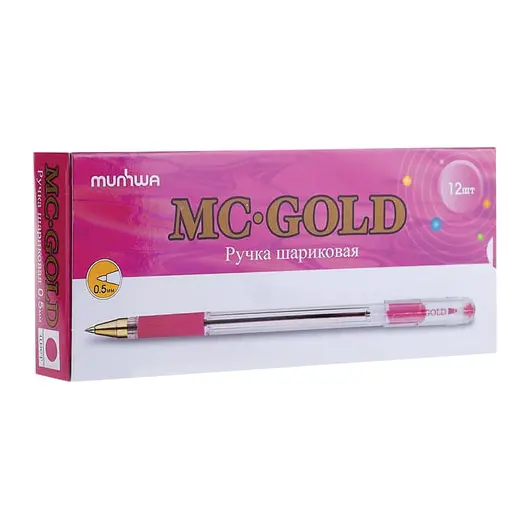 Ручка шариковая масляная с грипом MUNHWA &quot;MC Gold&quot;, РОЗОВАЯ, корпус прозрачный, узел 0,5 мм, линия письма 0,3 мм, BMC-10, фото 2