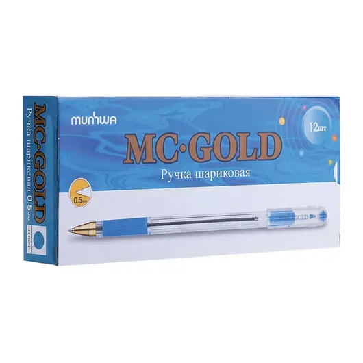 Ручка шариковая масляная с грипом MUNHWA &quot;MC Gold&quot;, СИНЯЯ, корпус прозрачный, узел 0,5 мм, линия письма 0,3 мм, BMC-02, фото 2