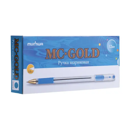 Ручка шариковая масляная с грипом MUNHWA &quot;MC Gold&quot;, ГОЛУБАЯ, корпус прозрачный, узел 0,5 мм, линия письма 0,3 мм, BMC-12, фото 2