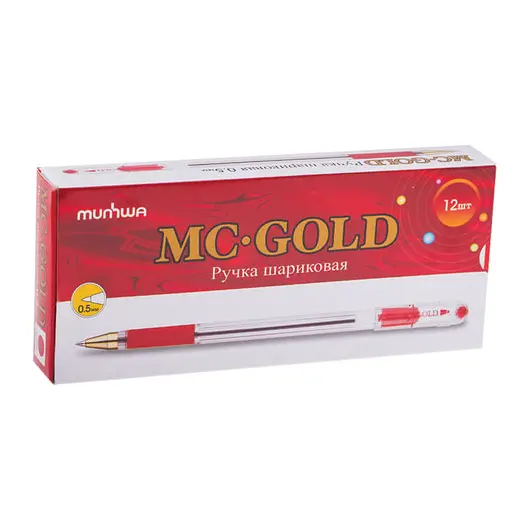 Ручка шариковая масляная с грипом MUNHWA &quot;MC Gold&quot;, КРАСНАЯ, корпус прозрачный, узел 0,5 мм, линия письма 0,3 мм, BMC-03, фото 2