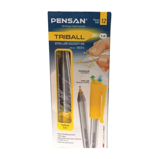 Ручка шариковая масляная PENSAN Triball, ЖЕЛТАЯ, трехгранная, узел 1мм, линия 0,5мм, 1003/12, фото 4