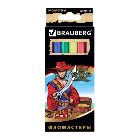 Фломастеры BRAUBERG &quot;Корсары&quot;, 6 цветов, вентилируемый колпачок, картонная упаковка с золотистым тиснением, 150563, фото 1