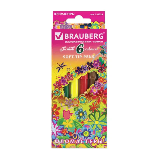 Фломастеры BRAUBERG &quot;Blooming flowers&quot;, 6 цветов, вентилируемый колпачок, картонная упаковка с фольгой, 150559, фото 1