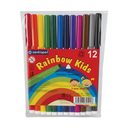 Фломастеры CENTROPEN &quot;Rainbow Kids&quot;, 12 цветов, смываемые, эргономичные, вентилируемый колпачок, 7550/12, фото 2