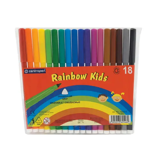 Фломастеры CENTROPEN &quot;Rainbow Kids&quot;, 18 цветов, смываемые, эргономичные, вентилируемый колпачок, 7550/18, фото 2