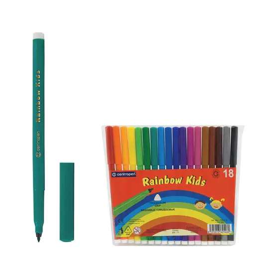 Фломастеры CENTROPEN &quot;Rainbow Kids&quot;, 18 цветов, смываемые, эргономичные, вентилируемый колпачок, 7550/18, фото 1