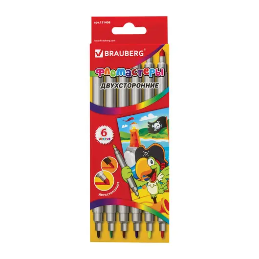 Фломастеры двухсторонние BRAUBERG 6 цветов, пишущие узлы 2 и 5 мм, вентилируемый колпачок, картонная упаковка, 151408, фото 1