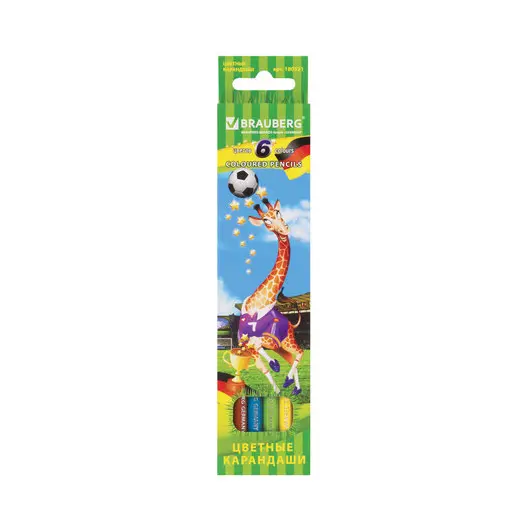 Карандаши цветные BRAUBERG &quot;Football match&quot;, 6 цветов, заточенные, картонная упаковка, 180521, фото 1