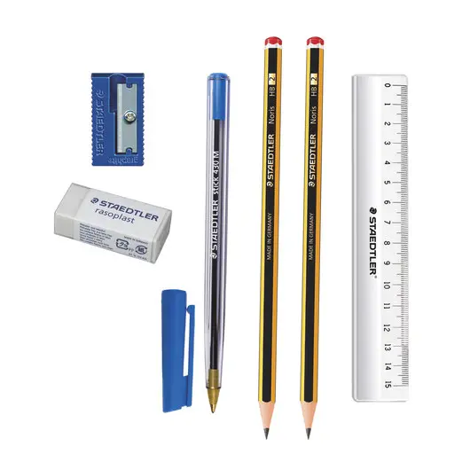 Набор STAEDTLER, ручка шариковая, карандаши чернографитные 2 шт. (НВ), резинка стирательная, точилка, линейка, 120SET BKD, фото 3