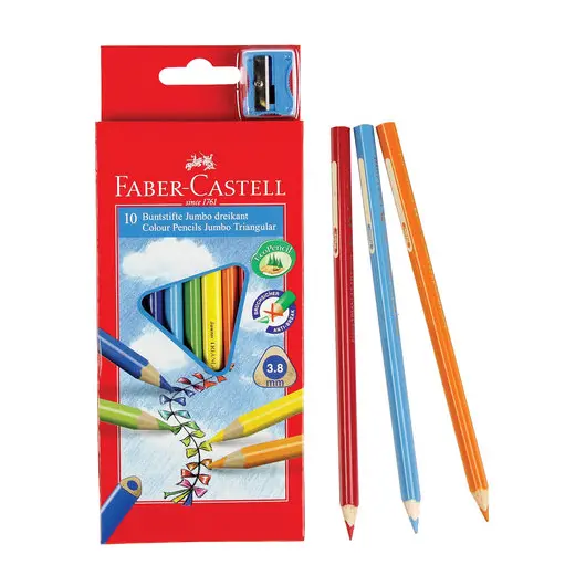 Карандаши цветные утолщенные FABER-CASTELL &quot;Jumbo&quot; 10 цветов, трехгранные, с точилкой, 116510, фото 8