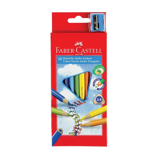 Карандаши цветные утолщенные FABER-CASTELL &quot;Jumbo&quot; 10 цветов, трехгранные, с точилкой, 116510, фото 1