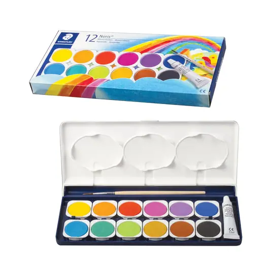 Краски акварельные STAEDTLER, 12 цветов + белила, с кистью, пластиковая коробка, 888 NC12, фото 3